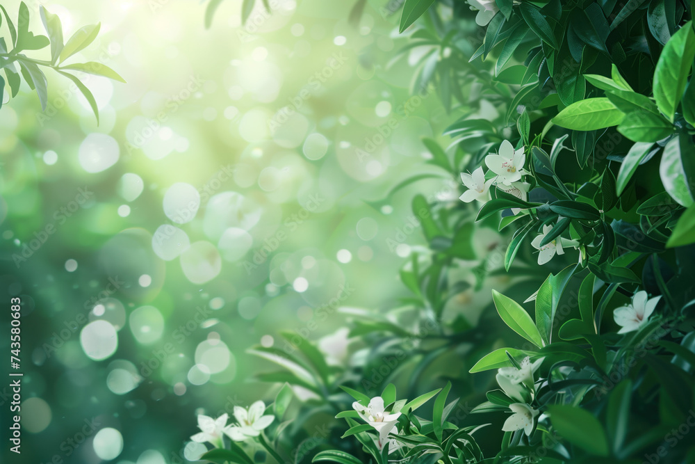 Poster green leaves and white flowers in sunlight. a slide background for showcasing digital content. backg
