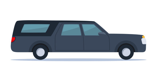 Hearse black car. Funeral hearse. Cemetery transport service. Coffin automobile delivery. Burial ceremony. Cortege to grave. Mourning transportation. Black Limousine. Vector illustration.