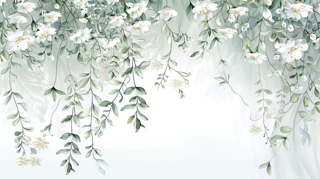 green wall with white flowers and branches isolated on white, in the style of dreamy watercolor scenes, intricate layering, flowing draperies, light white and light navy, whimsical wilderness, delicat © paisorn