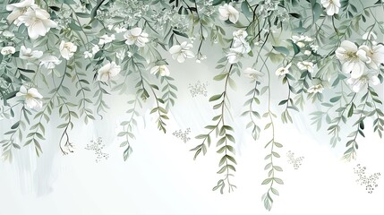 green wall with white flowers and branches isolated on white, in the style of dreamy watercolor scenes, intricate layering, flowing draperies, light white and light navy, whimsical wilderness, delicat