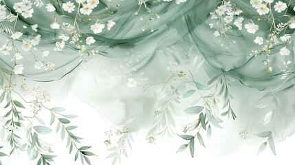 green wall with white flowers and branches isolated on white, in the style of dreamy watercolor scenes, intricate layering, flowing draperies, light white and light navy, whimsical wilderness, delicat