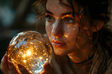 Naklejka premium Psychic Woman Holding a Crystal Ball. Portrait of Fortune Teller
