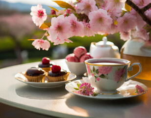 満開の桜の庭で催される、美しい茶器でのお茶会