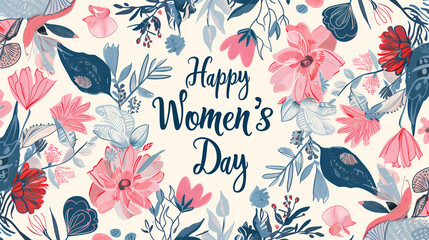 Hand-drawn floral elements border frame for the Women's Day promotional presentation. Colorful pastel pink and blue floral graphics on a beige background with a word "Happy Women's Day" in the center.