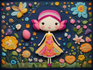 a doll in a folk style in a beautiful dress surrounded by flowers