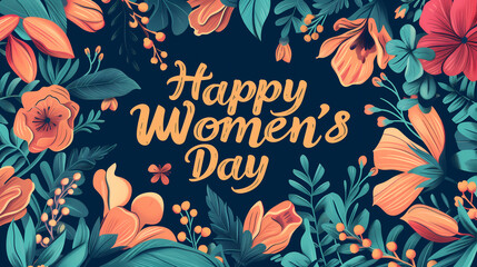 Hand-drawn floral elements border frame for the Women's Day promotional presentation. Colorful orange floral graphics on a dark blue background with a word "Happy Women's Day" in the center.
