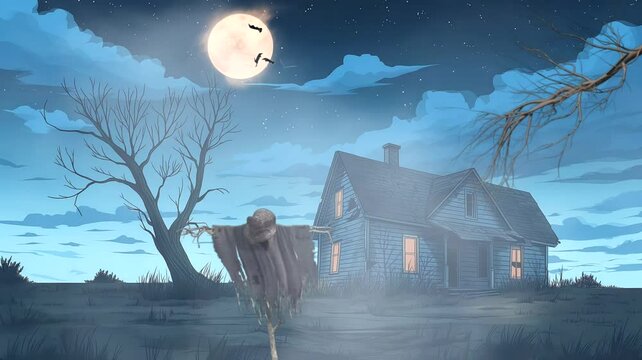 Scarecrow with abandoned spooky home. Seamless looping time-lapse 4k video animation background