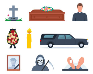 Funeral icons. Funeral accessories. Funeral wreath, coffin, tombstone, urn with ashes, death, priest, corpse, hearse, flowers, will. Ritual services, funeral agency concept. Vector illustration.