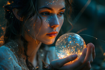 Naklejka premium Young and Beautiful Psychic Woman Holding a Crystal Ball. Portrait of Fortune Teller