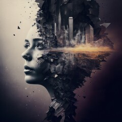 a double exposure portrait of a woman with a city in her hair