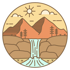 illustration of mountain and waterfall monoline or line art style
