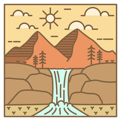 illustration of mountain and waterfall monoline or line art style