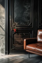 Sophisticated dark interior design with a single red rose.