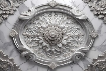 background, model of ceiling decoration with 3d wallpaper. decorative frame on silver marble luxurious background and mandala

