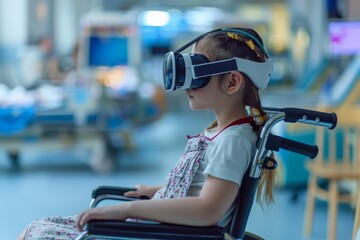 Little girl in a wheelchair experiencing virtual reality in a hospital setting.