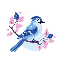 Blue jay bird sitting on a branch with leaves. Vector illustration
