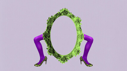 Modern aesthetic artwork. Purple tights and leopard heels with ornate green mirror frame on lilac...