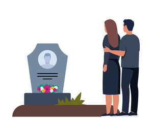Sad man and woman dressed in mourning clothes standing near grave with tombstone. Grieving people or relatives on graveyard or cemetery. Vector illustration. - obrazy, fototapety, plakaty