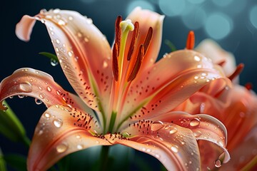 A macro shot of a vibrant orange lily flower with delicate water droplets, set against a dark background. - Powered by Adobe