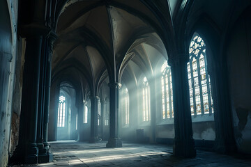Dark gothic abandoned ancient chapel hall interior with tall windows and columns, foggy and empty.