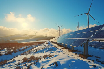 wind turbines and solar panels in the field at winter sunset