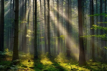 Sunbeams piercing through tall trees in a lush, green forest.