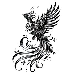 Fototapeta premium Phoenix illustration, drawing, engraving, ink, line art, vector. Sketch of a tattoo in the form of a Firebird. T-shirt apparel print design.