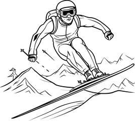 Snowboarder jumping in mountains. black and white vector illustration.