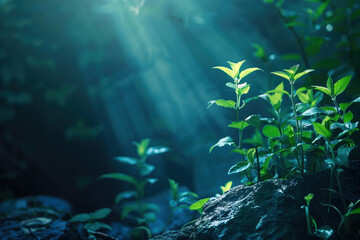 Closeup of small green plants in sunlight. A slide background for showcasing digital content. Background image. Created with Generative AI technology.