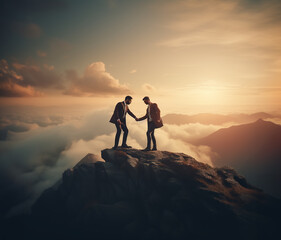 Two businessmen shaking hands or helping each other on the top of a peak of a mountain. Cloudy sky in the sunset behind them in the background. - 743585033