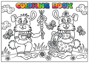 children's coloring book for Easter, two bunnies with baskets in their hands and scourge