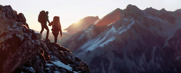 A hiker man helping his friend to reach the top of a hill in the mountain sunset. Success concept. Wilderness photograph generated by AI tools.