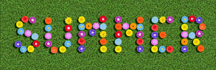 Fototapeta na wymiar word written with colorful flowers on green clover background