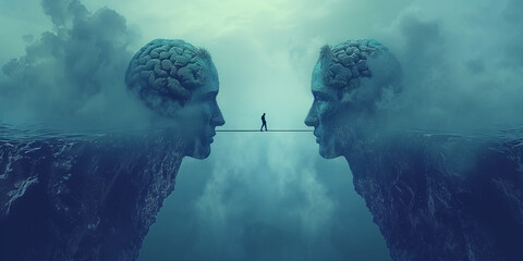 Psychology and mental health stability, state of mind, emotional intelligence, man balance on a thin rope, decision and opportunity, think different, divided personality - obrazy, fototapety, plakaty