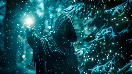 Ghost of Christmas yet to come from dickens Christmas carol, angel of death or the grim reaper apparition in a foggy atmosphere with copy space