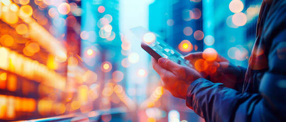 A man holding a mobile phone in his hands, close up image of a person looking at his smart phone. Colorful blurred futuristic bright background, bokeh effect of city lights. Copyspace for your text. - obrazy, fototapety, plakaty