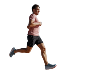 Fast runner man in T-shirt and shorts and sneakers jogging fitness workout. Isolated transparent background.