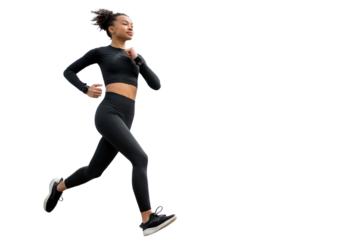 Athletic runner woman in T-shirt and shorts sportswear jogging fitness workout. Isolated transparent background.