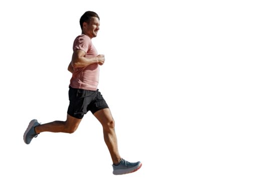 Fast runner man in T-shirt and shorts and sneakers jogging fitness workout. Isolated transparent background.