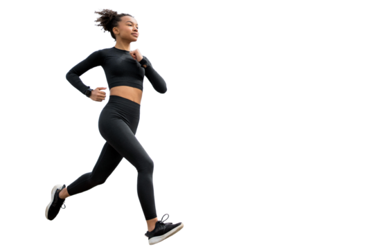 Athletic runner woman in T-shirt and shorts sportswear jogging fitness workout. Isolated transparent background.