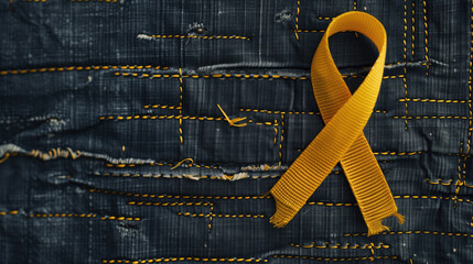 Childhood cancer awareness month. A bright yellow awareness ribbon pinned on textured denim.