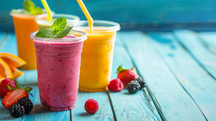 Summer drink, fruit smoothies with berries on wooden background