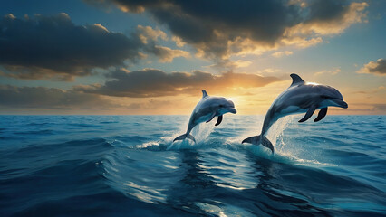 beautiful dolphin leaping jumping from shining sunset sea water surface © Sahaidachnyi Roman