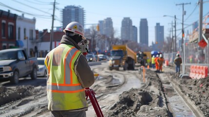 Surveyor at Work: Urban Construction Site Scene