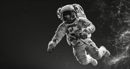 Fototapeta na wymiar cosmonaut astronaut black and white exploration in deep universe space, copy space background