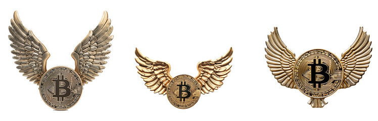 collection bitcoin coin with wing PNG transparent background 