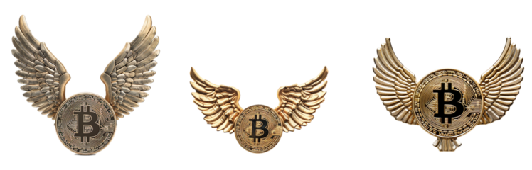 collection bitcoin coin with wing PNG transparent background 