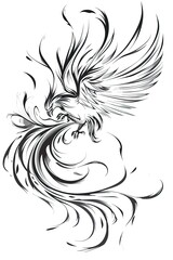 Obraz premium Phoenix illustration, drawing, engraving, ink, line art, vector. Sketch of a tattoo in the form of a Firebird. T-shirt apparel print design.