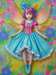 a fairy doll with wings in a beautiful dress on a multicolored background