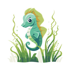 Cute cartoon seahorse in the grass. Vector illustration.